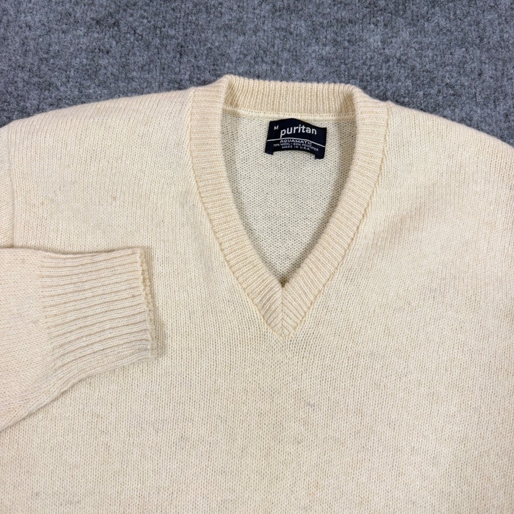Puritan V-Neck Sweater Aquamatic Mens M Cream Wool Blend Vintage Made in USA EUC